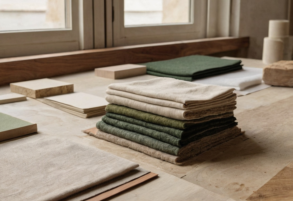 Material samples of stone, oak veneer, bronze and linen laid out on a table beside architectural drawings