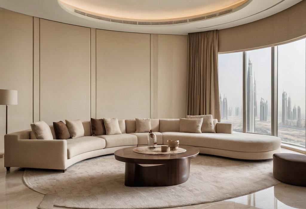 Italian-style sofa and armchairs in a bright Dubai apartment living room