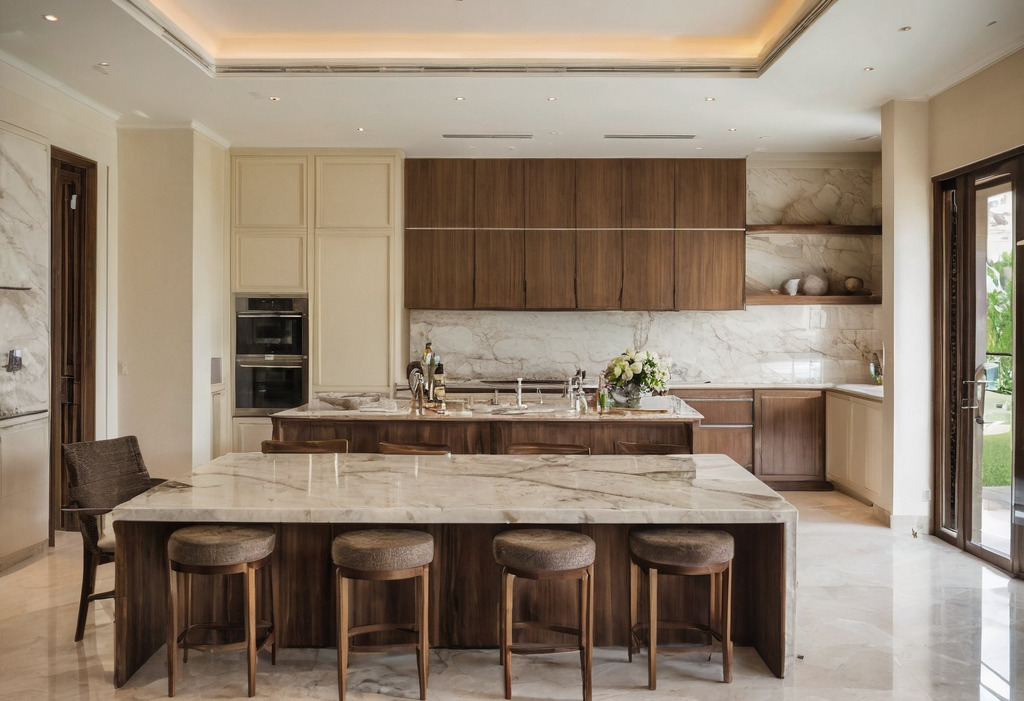 Open show kitchen with island, timber cabinetry and a view into the dining area