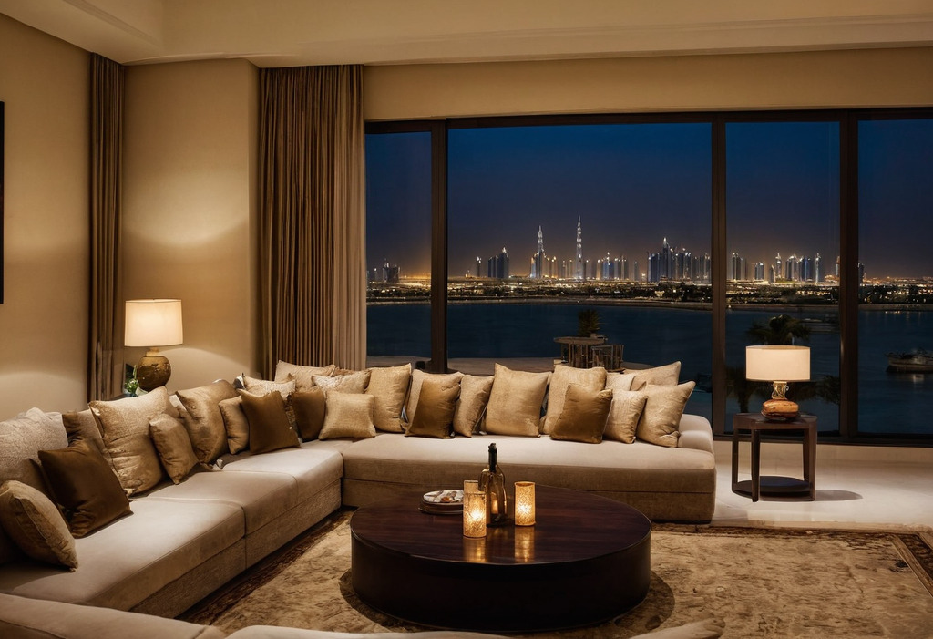Living room lit in layers with cove light, table lamps and lit shelving at dusk